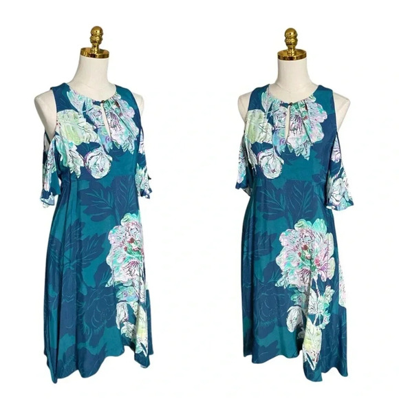 ANTHROPOLOGIE MAEVE | Elia Floral Open - Shoulder Dark Turquoise Dress Size 8 - Picture 6 of 13